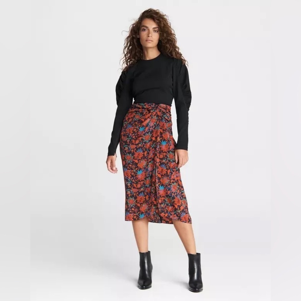 RAG & BONE Amber Silk Midi Wrap Skirt Red Black Floral Twist Tie Size 2 Party
